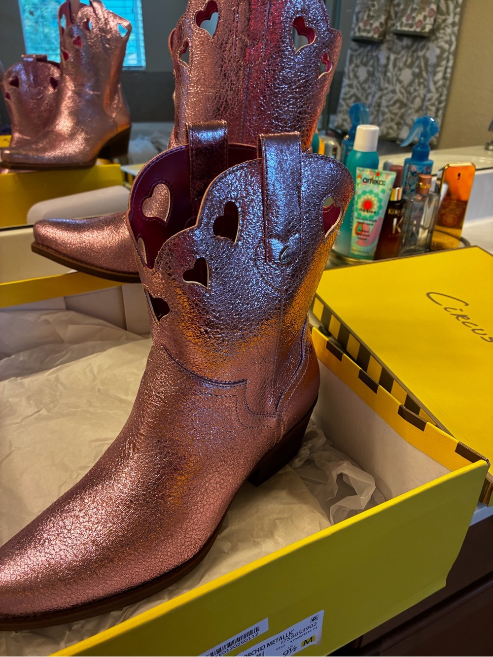 Circus by Sam Edelman Metallic Pink Heart Cutout Western Boots